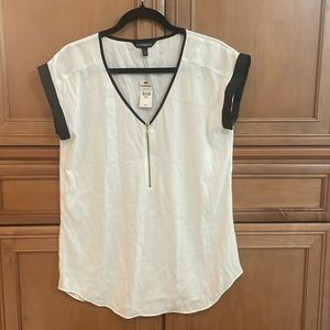 NEW! Medium, white, silky blouse with black trim